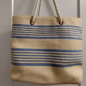 JOE FRESH Women's Paper/Jute Tote Bag with Twisted Rope Handles - Blue/Ivory/Tan